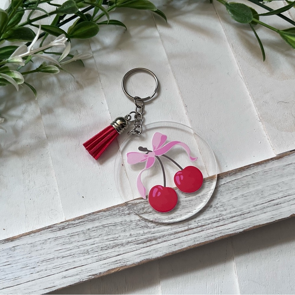 New Cherry Keychain with Pink Tassel